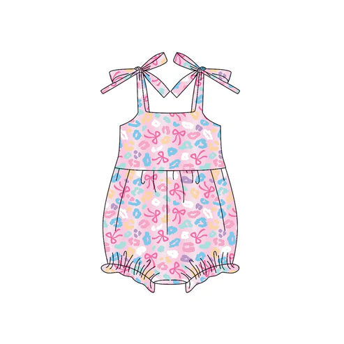 6.13 SR3124 Baby Girls Pink Strap Colorful Bows Leopard Ruffle Rompers Preorder