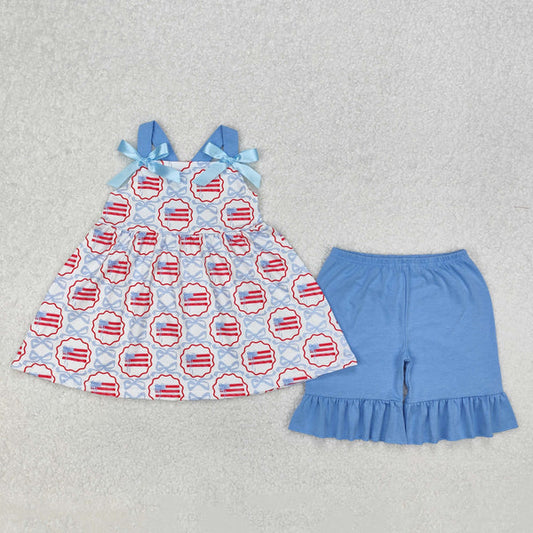3.17 GSSO2074 Baby Girls Blue Bows Flag Top Ruffle Shorts Clothes Set
