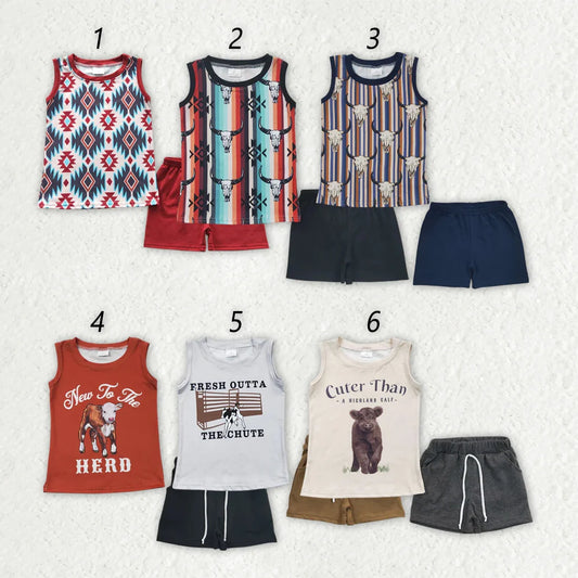 L-3.7 Sibling Baby Boys Western Sleeveless Tee Shirts Shorts Sets