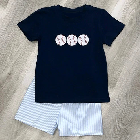 6.7 BSSO1541 Baby Boys Navy Short Sleeves Baseballs Top Stripe Short Set Preorder