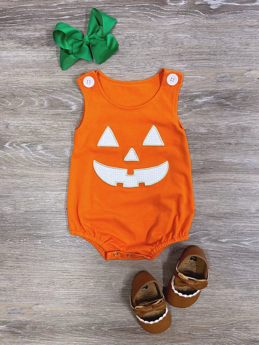 8.18 SR1937 Embroidery Baby Infant Boys Orange Halloween Face Sleeveless Romper