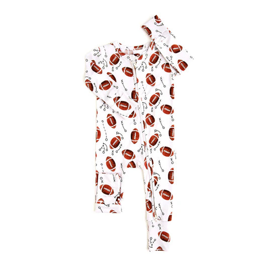 8.28 LR2604 Baby Girls Footballs Plaid Team Zipper Footie Rompers Preorder
