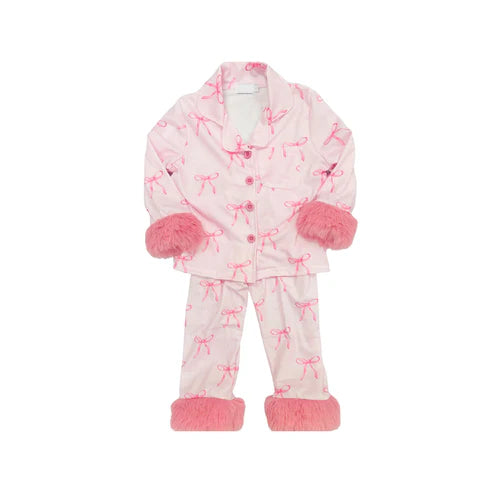 9.2 GLP2764 Baby Girls Light Pink Bows Plaid Button Pocket Top Pant Fur Pajamas Set Preorder