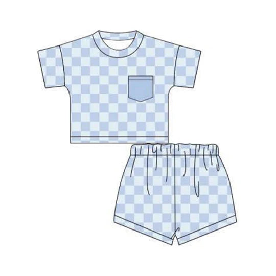 12.25 MOQ：5pcs BSSO1753 pre-order baby boy clothes gingham toddler boy summer outfit