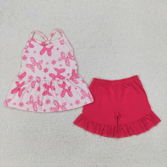4.7 GSSO2439 Baby Girls Pink Strap Flowers Hearts Dogs Top Ruffle Short Set