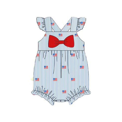 3.20 SR2921 Baby Infant Girls Blue Stripe Flutter Sleeves Flags Bow Top 4th Of July Rompers Preorder