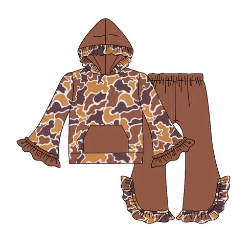 5.30 GLP2034 Baby Girls Coffee Camo Hooded Top Bell Pants Clothes Sets Preorder