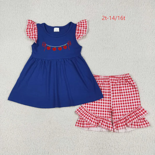 6.13 GSSO2314 Baby Girls Embroidery Apple Back To School Tunic Ruffle Shorts Clothes Set