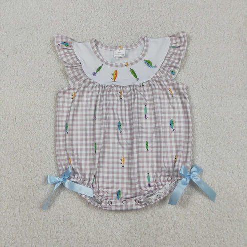 12.19 SR3395 Embroidery Fishing Baby Girls Flutter Sleeve Checked Hunting Romper