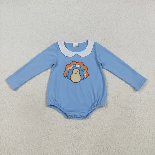 8.14 LR2261 Embroidery Baby Boys Blue Long Sleeves Turkey Bummies Romper