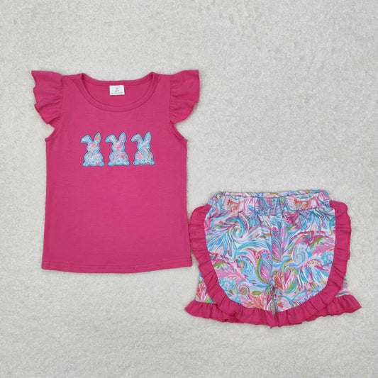 GSSO1466 Baby Girls Easter Pink Rabbits Shirt Floral Ruffle Shorts Clothes Set
