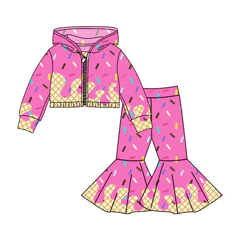 8.9 Custom Moq 5 Baby Girls Hot Pink Long Sleeves Drip Zipper Jacket Top Bell Bottom Pant Team Clothes Sets
