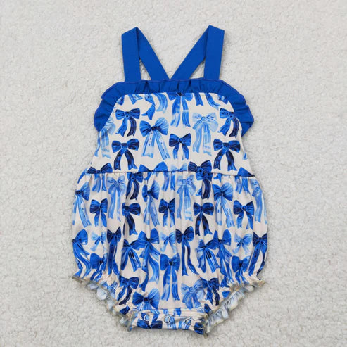 4.9  SR2919 Baby Infant Girls Blue Strap Bows Plaid Ruffle Romper