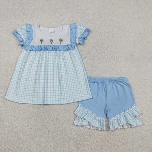 12.13 GSSO2718 Embroidery Baby Girls Blue Checked Crosses Tunic Ruffle Shorts Easter Clothes Set