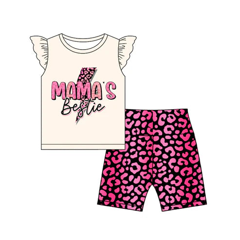 6.19  GSSO2596 Baby Girls Flutter Sleeves Mama's Bestie Top Leopard Short Set Preorder