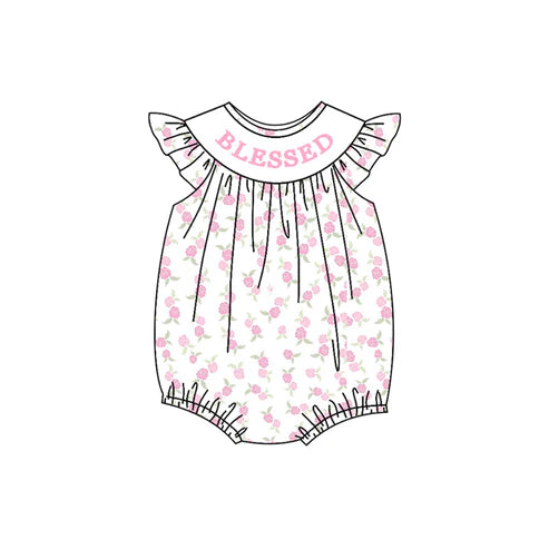 10.20 SR3260 Baby Girls Pink Blessed Flowers Plaid Ruffle Rompers Preorder