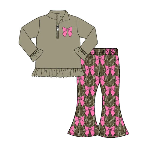 10.6 GLP2936 Baby Girls Olive Bows Zipper Pullovers Camo Bell Bottom Pants Valentine Clothes Set Preorder