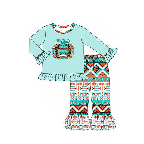 7.29 GLP2604 Baby Girls Light Blue Long Ruffle Sleeves Leopard Pumpkins Tunic Pant Set Preorder