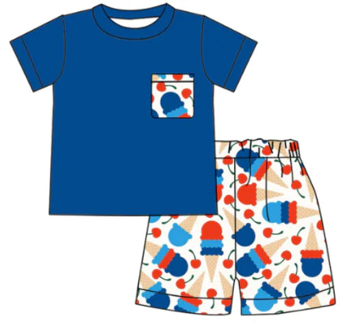 5.12 EBoys dark blue pocket ice cream short sleeve shorts suit