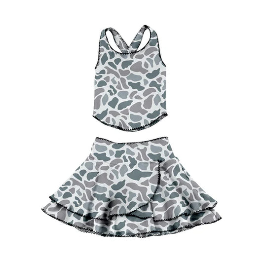 12.23 MOQ:5pcs GSD3354 pre-order toddler girl clothes camo print girl yoga summer skirt set