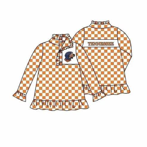 8.9 Custom Moq 5 Baby Girls Orange Plaid Button Dogs Tennessee Team Pullovers Top
