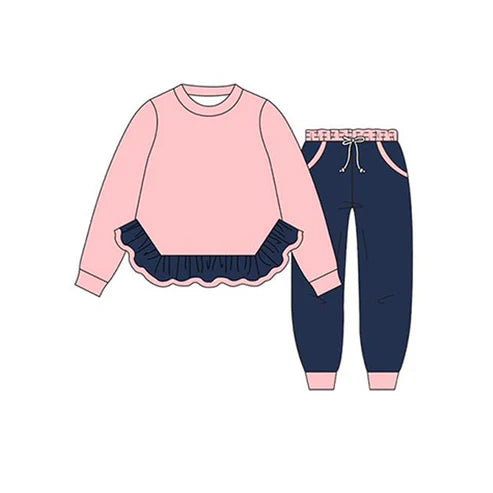 6.7 GLP2400 Baby Girls Pink Long Sleeves Ruffle Top Navy Pockets Legging Pant Set Preorder