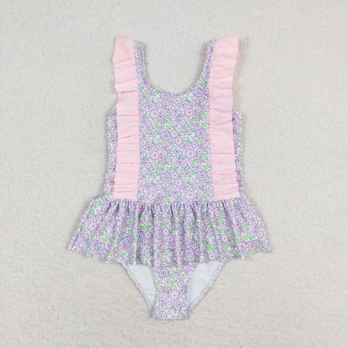 S0331 Pink purple floral lace one-piece swimsuit
