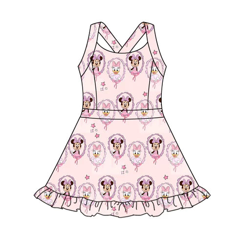 4.3 GSD2343 Baby Girls Strap Cartoon Mouse Ducks Yoga Active Knee Length Dresses Preorder
