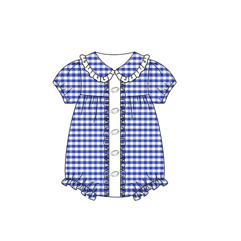 8.7 SR3209 Baby Girls Blue Plaid Footballs Team Ruffle Rompers Preorder