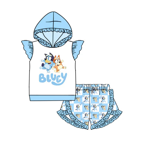 6.19 GSSO2595 Baby Girls Blue Flutter Sleeves Cartoon Dogs Hoodies Top Pockets Short Set Preorder