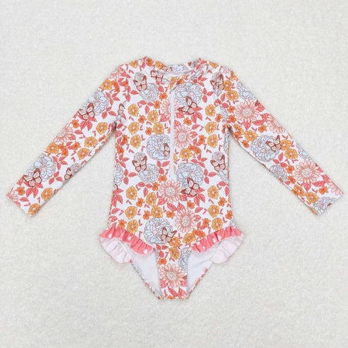 S0184 Flower butterfly white zipper long-sleeved one-piece swimsuit