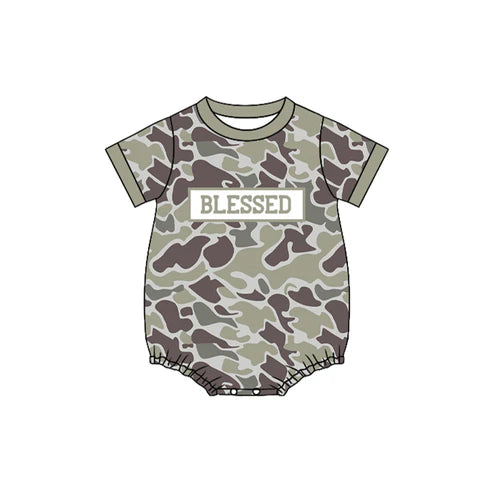 10.20 SR3263 Baby Boys Blessed Dark Grey Camo Southern Rompers Preorder