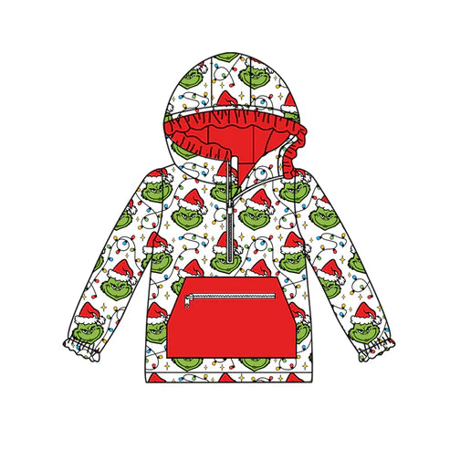 8.18 GT1163 Baby Girls Christmas Lights Green Face Plaid Pocket Zipper Hoodies Top Preorder