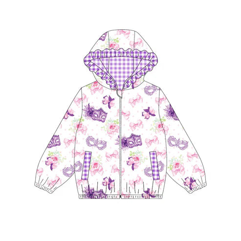 10.10 Custom Moq 5 Baby Girls Mardi Gras Masks Bows Flowers Pockets Zipper Ruffle Hoodies Top