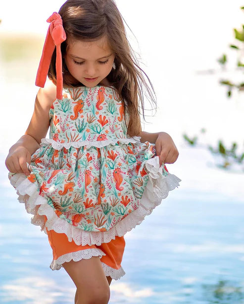 GSSO1676 Baby Girls Seahorse Lace Ruffle Tunic Shorts Clothes Sets Preorder