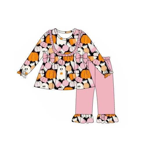 7.29 GLP2599 Baby Girls Long Ruffle Sleeves Ghost Pumpkins Tunic Pants Set Preorder