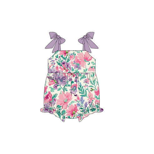 4.19  SR3061 Baby Girls Lavender Bows Strap Floral Ruffle Rompers Preorder