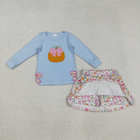 9.1 GLD1172 EmbroideryBaby Girls Blue Long Sleeves Bows Pumpkin Top Flowers Skorts Set