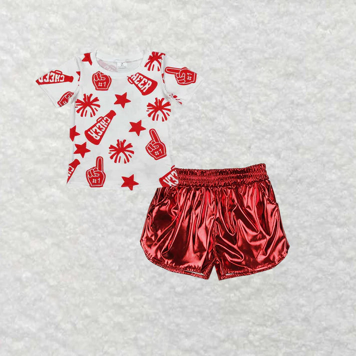 3.26  GT0940+SS0415 Baby Girls Cheer Red Team Tops Leather Shorts Clothes Set