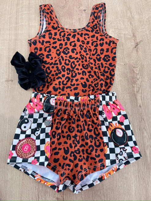 3.23 GSSO2391 Baby Girls Sleeveless Leopard Top Black Plaid Shorts Set Preorder