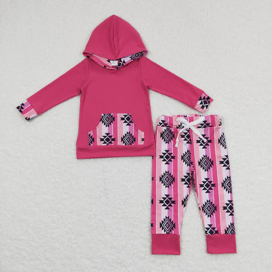 GLP0780aztec geometric pocket rose red hooded long sleeve suit