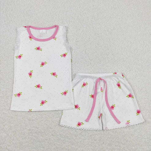 6.17 GSSO0694 Floral polka dot white sleeveless shorts suit