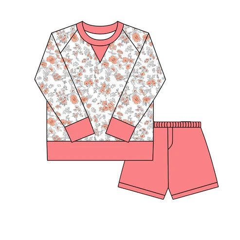 10.18 GLS0023 Baby Girls Peach Floral Long Sleeve Top Shorts Yoga Clothes Sets Preorder