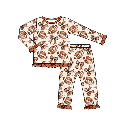 8.18 GLP2712 Baby Girls Footballs Bows Plaid Top Ruffle Pant Team Pajamas Set Preorder