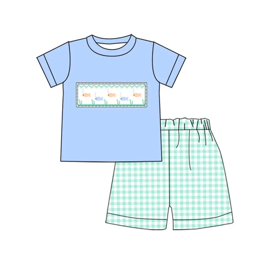 L-3.6 BSSO1323 Baby Boys Green Fishes Top Checkered Shorts Clothes Sets Preorder