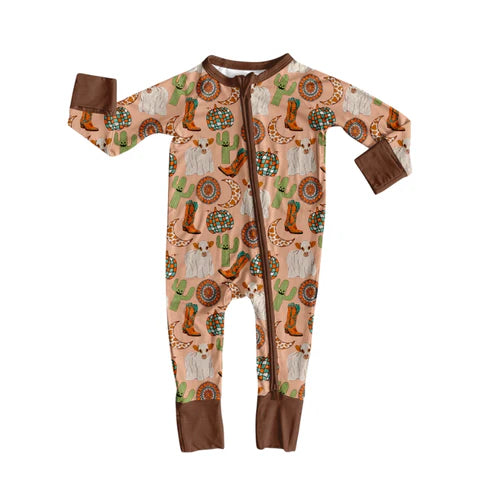 7.26 LR2463 Baby Boys Long Sleeves Cactus Boots Cows Zipper Pant Rompers Preorder