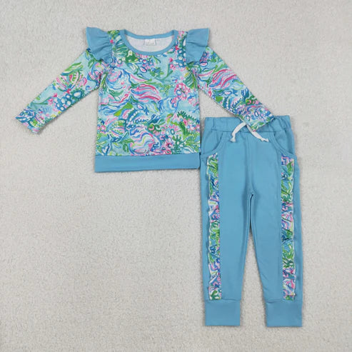 12.8 GLP2832 Baby Girls Blue Watercolor Floral Shirts Top Pockets Jogger Pants Clothes Set