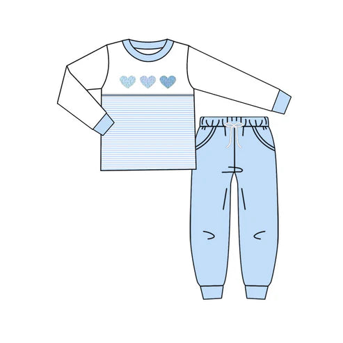 10.31  BLP1365 Baby Boys Blue Hearts Top Pockets Jogger Pants Valentine Clothes Sets Preorder