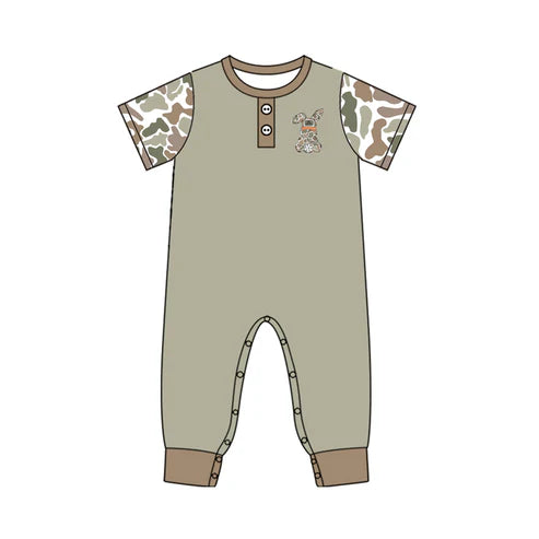 10.2 SR3258 Baby Boys Olive Camo Rabbit Button Easter Footie Rompers Preorder