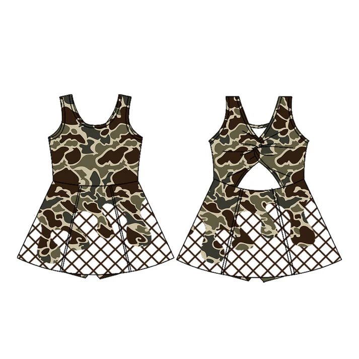 9.26 GSD2821 Baby Girls Dark Brown Camo Drip Team Shorts Yoga Knee Length Dress